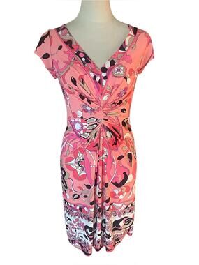 Y2K Muse Psychedelic Ruched Midi Dress Retro Mod Swirl Print Bodycon in Pink